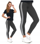 Legginsy z Lampasem Szare Wysoki Stan Kryjące Miękkie Wygodne S/M