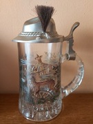 Kufel myśliwski. XXw. Bavaria. Szklany. Jeleń byk, kapelusz myśliwski. 