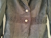 Czarny żakiet z koronką i ozdobnymi guzikami, styl vintage, rozmiar 36 S