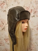 Skórzana czapka pilotka zielona 