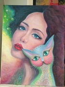  Zaczarowana dziewczyna Zaczarowany kot. Obraz akrylowy ręcznie malowany 