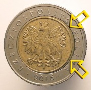 5 ZŁOTYCH 2016 MONETA [nr 141] > DESTRUKT > ŹLE OSADZONY RDZEŃ