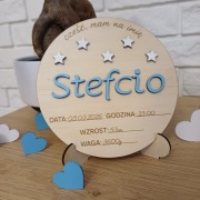 Drewniana metryczka z imieniem dziecka - personalizowane dane -różne kolory