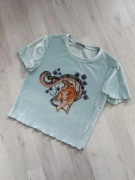 turkusowa bluzka z nadrukiem top welurowy tygrys FB Sister 38 M