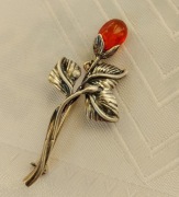 broszka srebrna pr 925 gałązka róży z bursztynem 6,09g