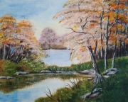 ŚLICZNY RĘCZNIE MALOWANY OBRAZ "W LILIOWYM POMARAŃCZU", POLSKI PEJZAŻ 