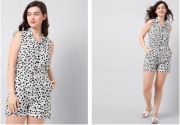 White Leopard Print Collared Drawstring Romper