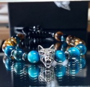 BRANSOLETKA MĘSKA KAMIEŃ WILK STAL NIEBIESKIE BRĄZOWE TYGRYSIE OKO szer.17