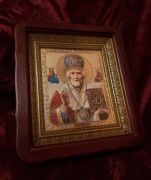 Piękna Ikona prawosławna w kiocie Święty Mikołaj Biskup Miry.