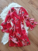 34XS czerwona sukienka z dekoltem v w kwiaty kwiatki z 3/4 rekawem prosta