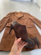 Czekoladowe botki damskie na szpilce skóra węża zamsz nowe 39