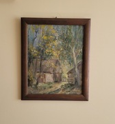 Obraz olejny na desce- wiejska chata