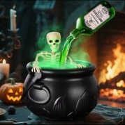 Halloweenowy czarne kociołek z lampką LED i wytwornicą mgły i szkieletem