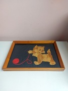 Obrazek z kotkiem na ścianę Słomiana kompozycja ludowa PRL