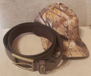 Pasek skórzany myśliwski brązowa skóra 120cm + czapka kamuflaż. CAMO.