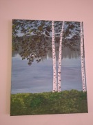 Brzozy nad jeziorem – ręcznie malowany pejzaż