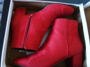 Wiosenne, czerwone kozaczki z eko-zamszu, r. 41/42, dł. wkł. 27 cm