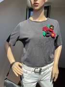 Czarny T-Shirt Zara z Dzianinowymi Kwiatami – 100% Bawełna Rozmiar S-M