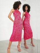 Sukienka koktajlowa wyszywana cekinami i perełkami, różowa 