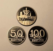 Zestaw 3 monet lustrzanek 50 zł. 100. zł. 10000 zł. Mennicze. Piękne.