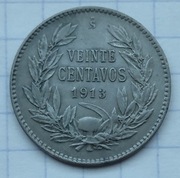 #1606 Chile 20 centavos 1913 srebro piękna 
