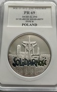 100 000 zł 1990 SOLIDARNOŚĆ - typ D  stan PR69 ultra rzadki Ag 999 