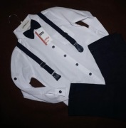 Elegancki komplet chłopięcy 134 koszula mucha spodnie szelki