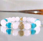 BRANSOLETKA KULA CYRKONIE KAMIEŃ KWARC RÓŻOWY AMAZONIT STAL 316L NA WYMIAR