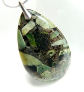 Zielony jaspis cesarski z pirytem, duża łezka, wisiorek na łańcuszku