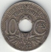 Francja 10 centymów centimes 1922 21,3 mm nr 1 Błyskawica