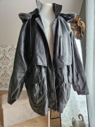 Czarna skórzana parka oversize vintage EEI Italy Style kurtka retro