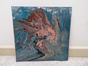 Obraz abstrakcyjny pouring 30x30 – Turkus, Miedź i Bordo – Rękodzieło