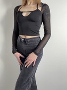 Czarny top z siateczkowymi rękawami, wycięcie, nowa rozm. S Even&Odd