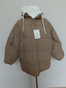 Beżowa pikowana kurtka z białym kapturem XXL