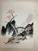 Ręcznie malowany obraz Sumi-e - Górski krajobraz z mostem i drzewem sakury