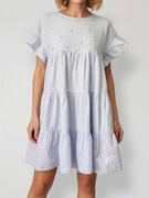 Błękitna sukienka baby doll z perełkami luźna na krótki rękaw Zara M/38