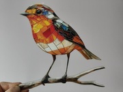 Nowy witraż witrażyk dekoracja okienna ptaszek rudzik 