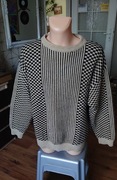Hugo Boss sweter męski XL szachownica paski kremowy czarny szenil retro