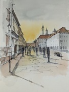 Oryginalna akwarela "Złota godzina w Starym Mieście" - 19.5x27 cm