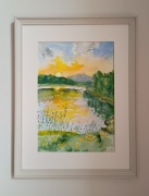 obraz akwarela pejzaż  wschód słońca nad jeziorem format A4