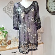 Marie Philippe tunika 38 liliowa czarna kwiaty dekolt V elegancka