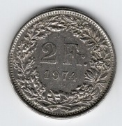 2 franki, 1974r. Szwajcaria. Konfederacja Szwajcarska.