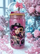 Kubek Hand Made "PinkRebel" - brokatowy tumbler typu snow globe ze słomką