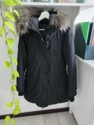 Parka puchowa Superdry – czarna, futerko, XL – bdb stan