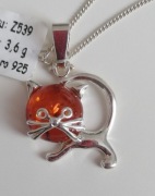 Zawieszka srebrna 925 kot kotek bursztyn bałtycki z łańcuszkiem