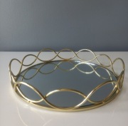 ZŁOTA TACA Z LUSTREM OKRĄGŁA DEKORACYJNA