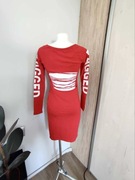 Sukienka czerwona z nadrukiem i wycięciem na plecach, bawełna, M,L