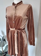 Sukienka damska brązowa welurowa z paskiem, elegancka, nowa M/L