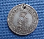 Moneta 5 centów Malajów z 1945 roku srebro ówczesna kolonia brytyjska