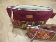 Komplet saszetek, burgundowy sztruks i bawełna z burgundowo-brązowym wzorem